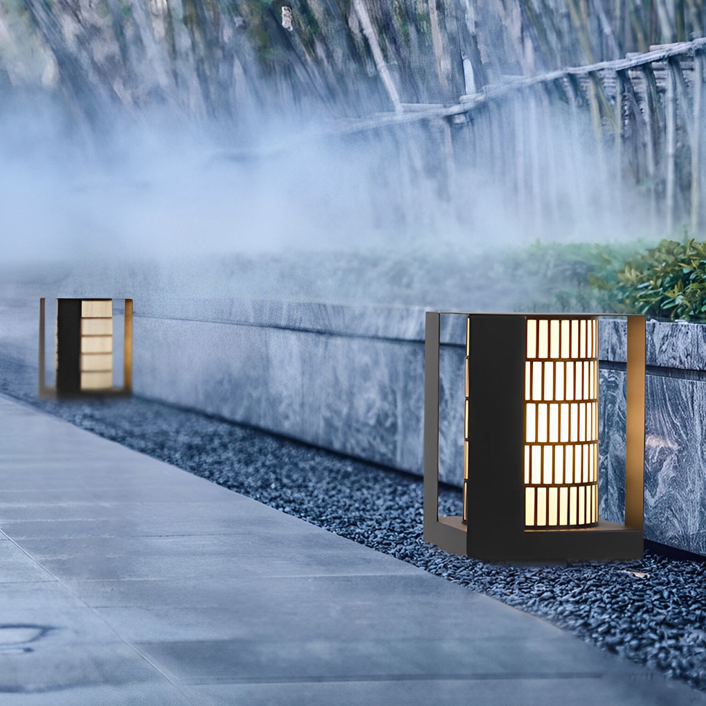 Four-Panel Cylinder Lantern LED Black Waterproof Outdoor Light with Lattice Pattern