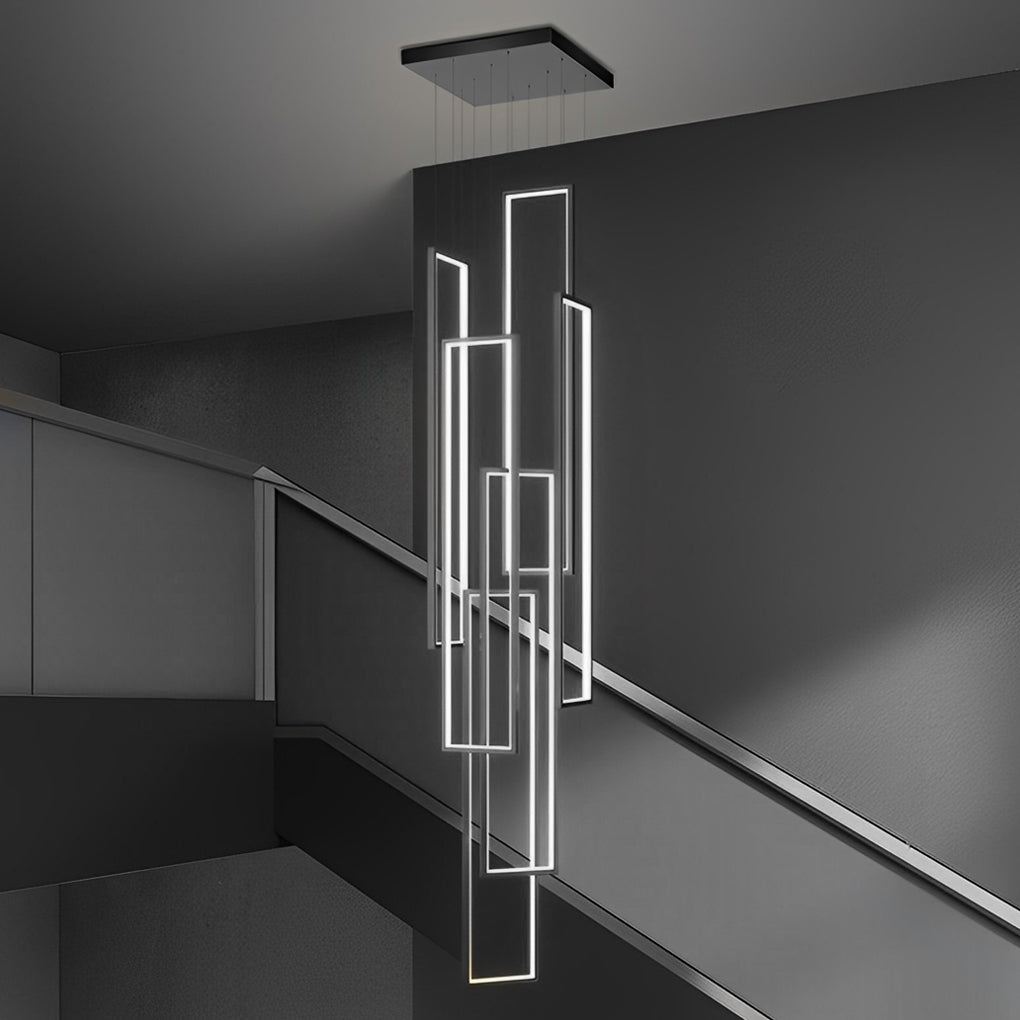 6 Rectangular Frame Aluminum LED Black Nordic Duplex Stair Chandelier