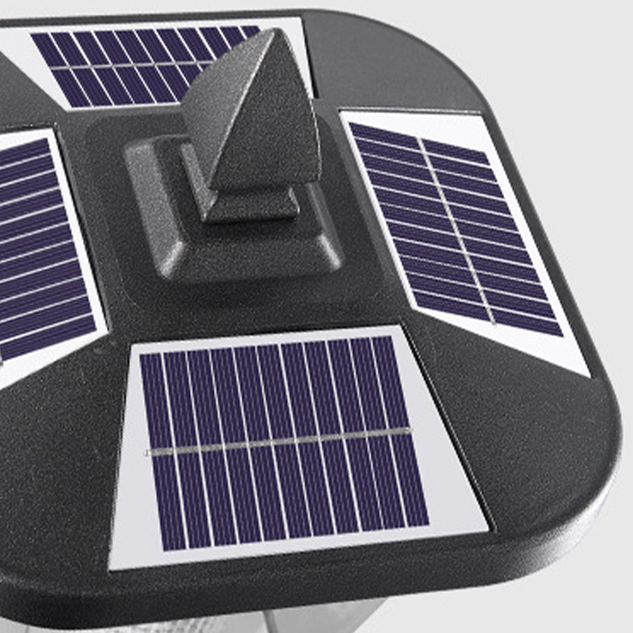 Solar panel component showing photovoltaic cells and charging system for outdoor lighting