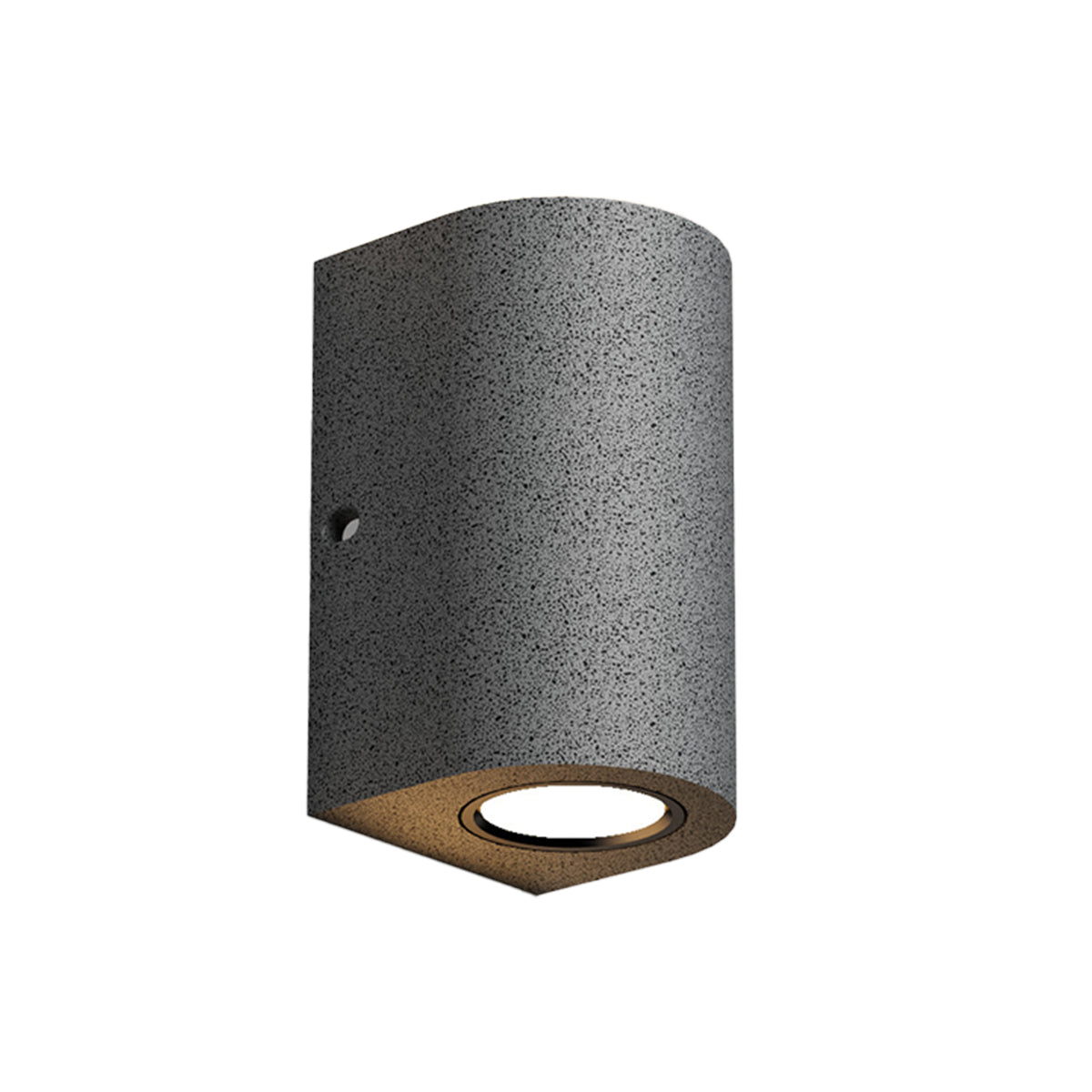 Cylindrical concrete outdoor light with textured finish creating warm downward illumination