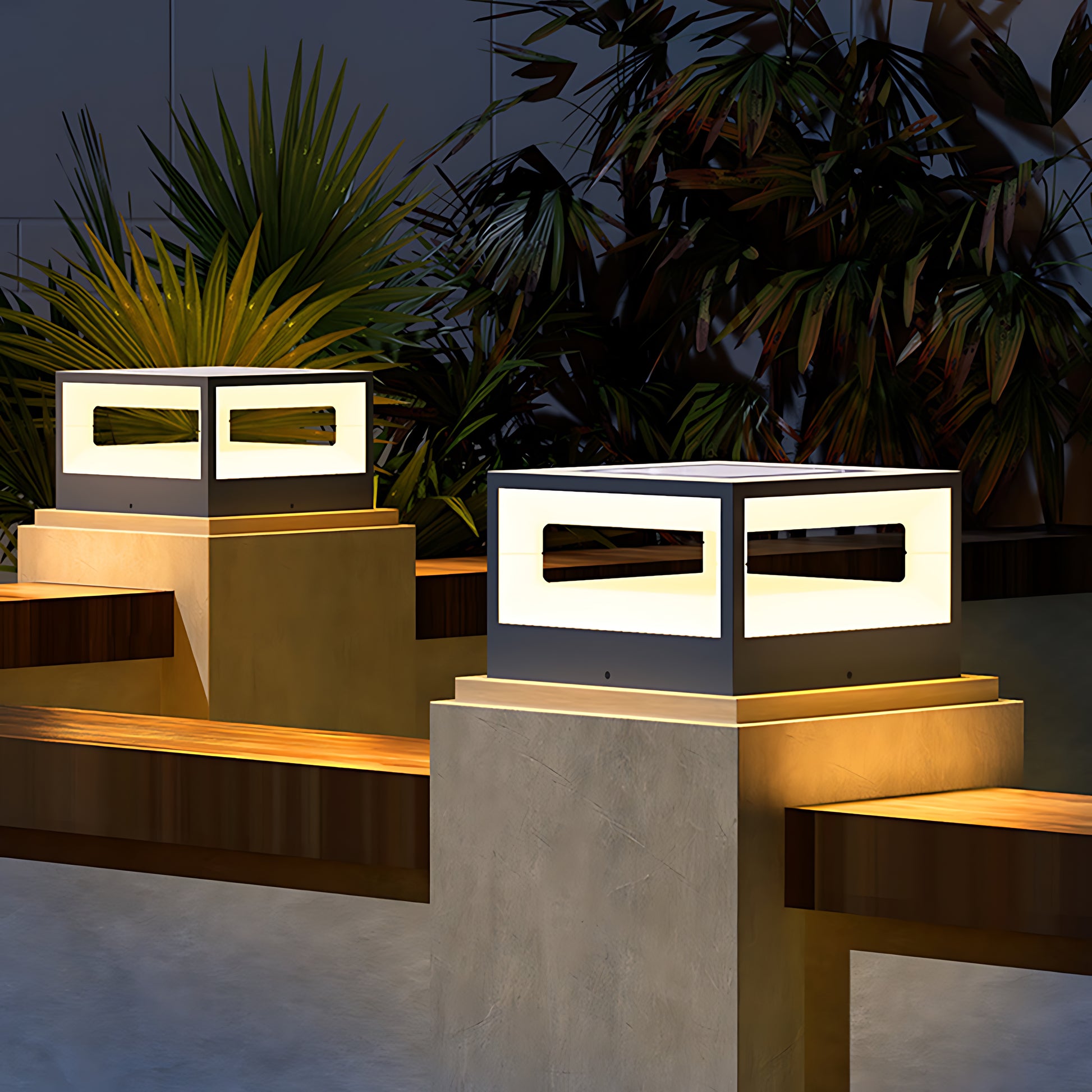 Modern cube-shaped outdoor light fixture with clean lines and integrated LED technology for architectural lighting design