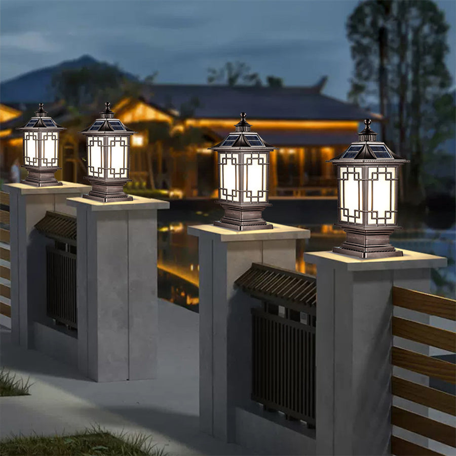 Mission-style post light with geometric glass panels and craftsman-inspired metalwork design