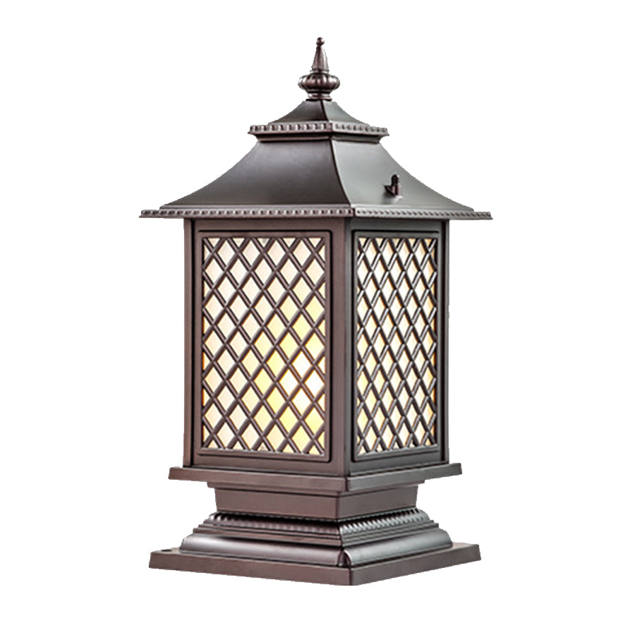 Mission-style post light with geometric glass panels and craftsman-inspired metalwork design