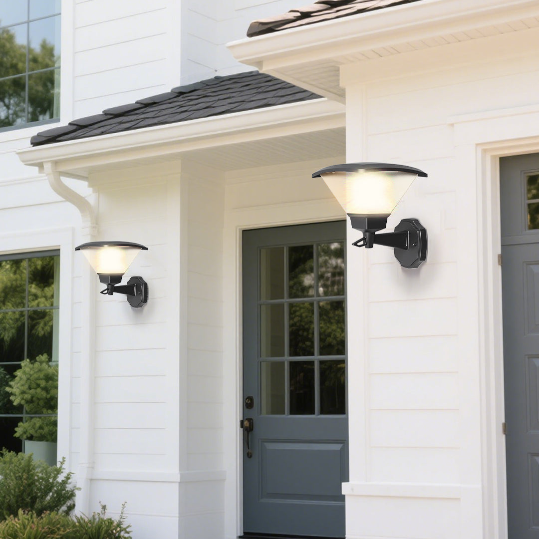 Modern home entrance with sophisticated wall-mounted fixtures providing welcoming ambient illumination