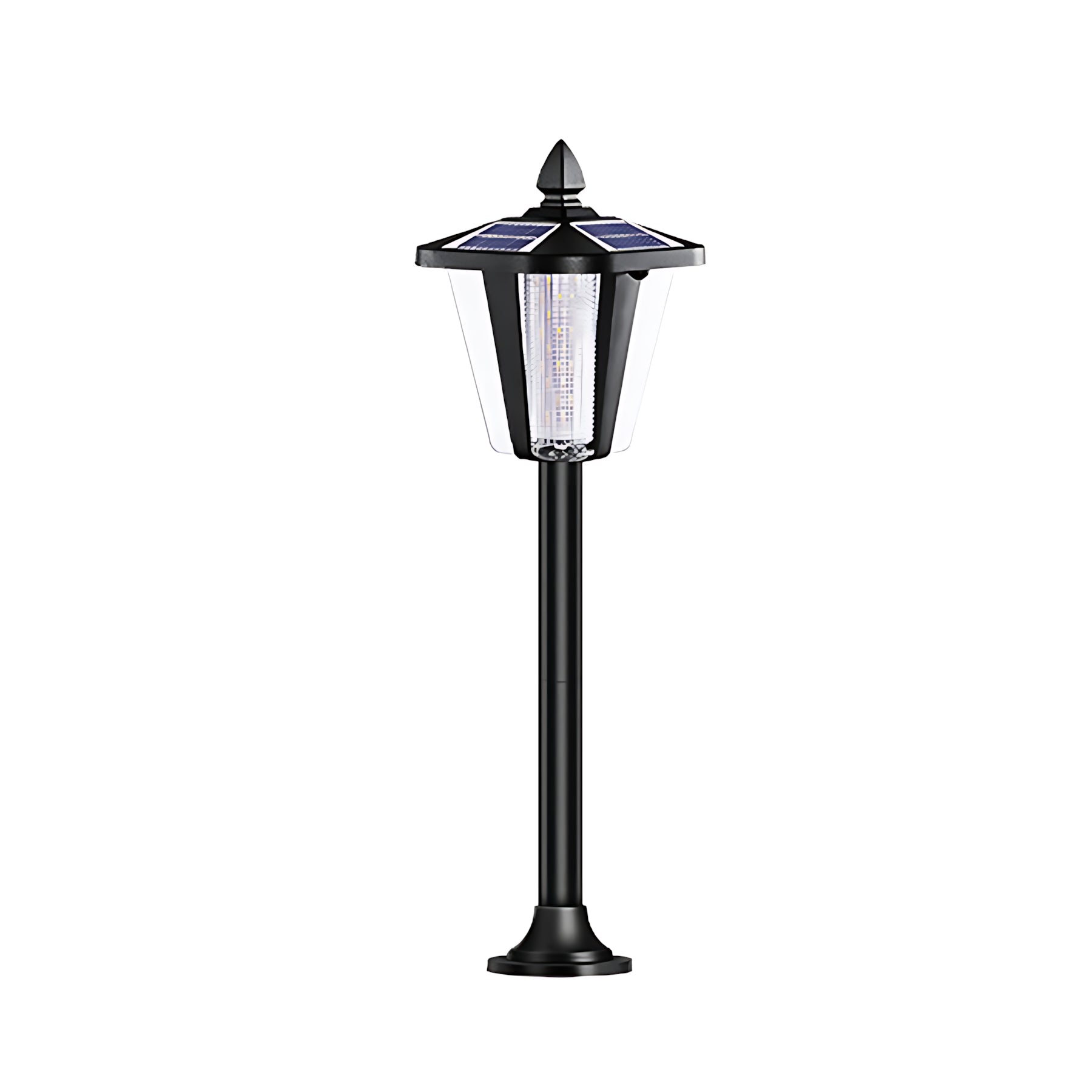 Traditional black lamp post with classic lantern design for garden pathways