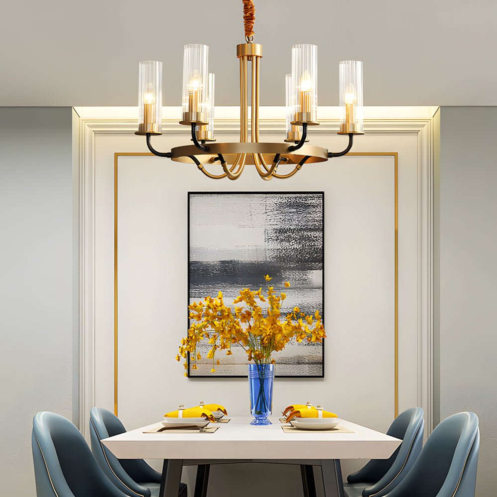 6/8 - Light Candlelight Wagon Wheel Chandelier with Glass Shades