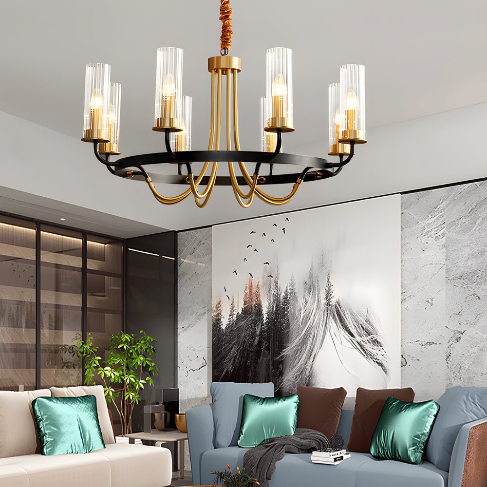 6/8 - Light Candlelight Wagon Wheel Chandelier with Glass Shades