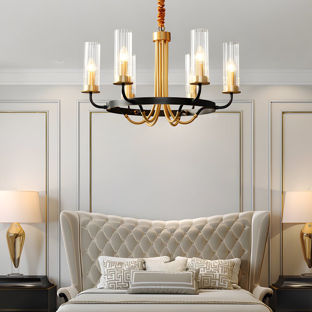 6/8 - Light Candlelight Wagon Wheel Chandelier with Glass Shades