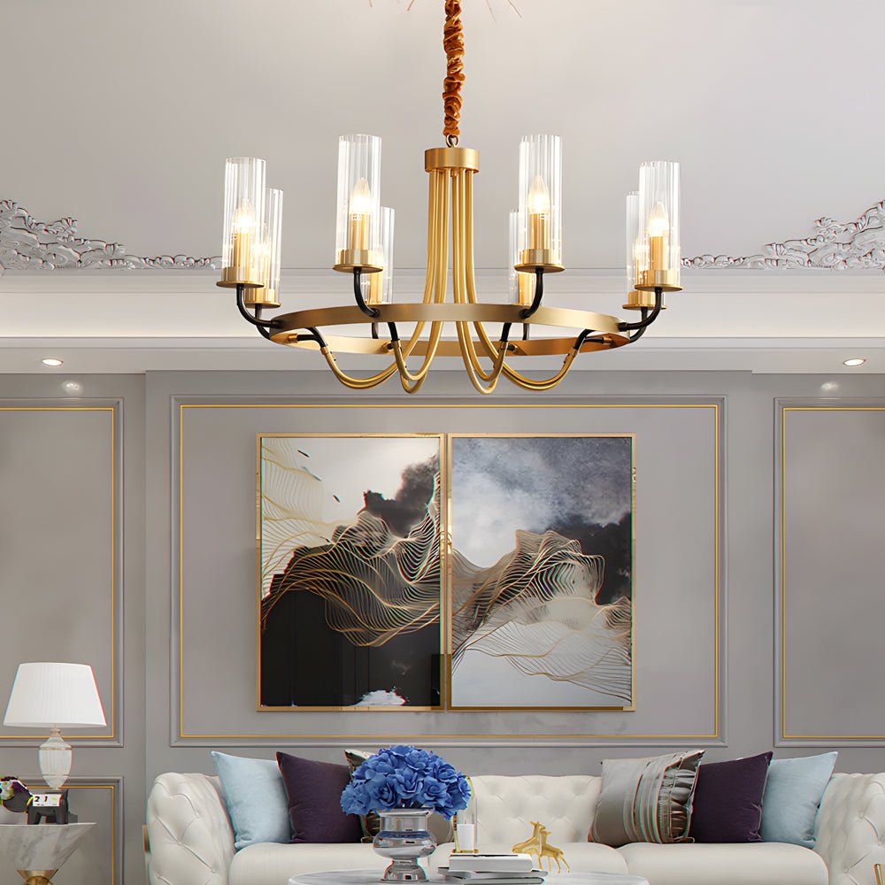 6/8 - Light Candlelight Wagon Wheel Chandelier with Glass Shades