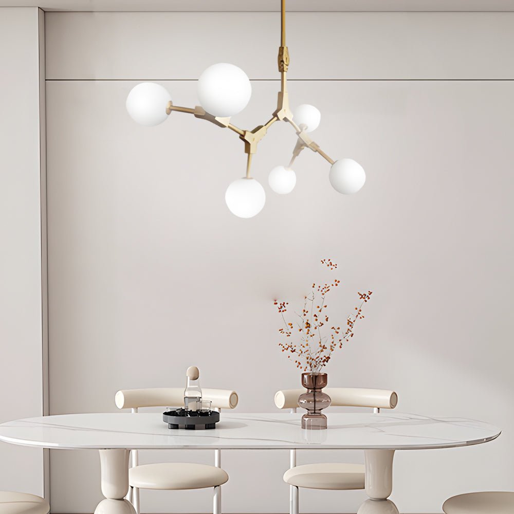 6/8 - Light Gold Molecule Chandelier with White Glass Shades