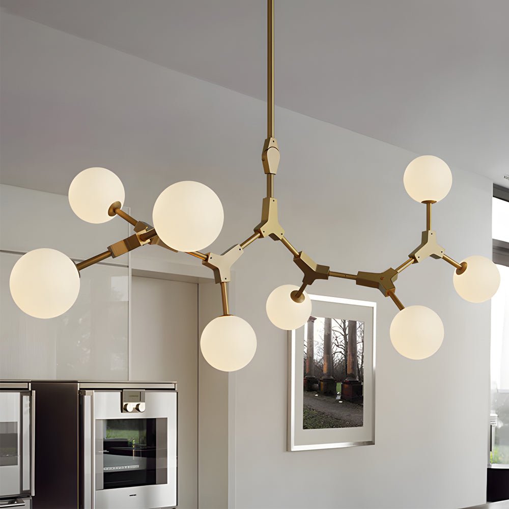 6/8 - Light Gold Molecule Chandelier with White Glass Shades
