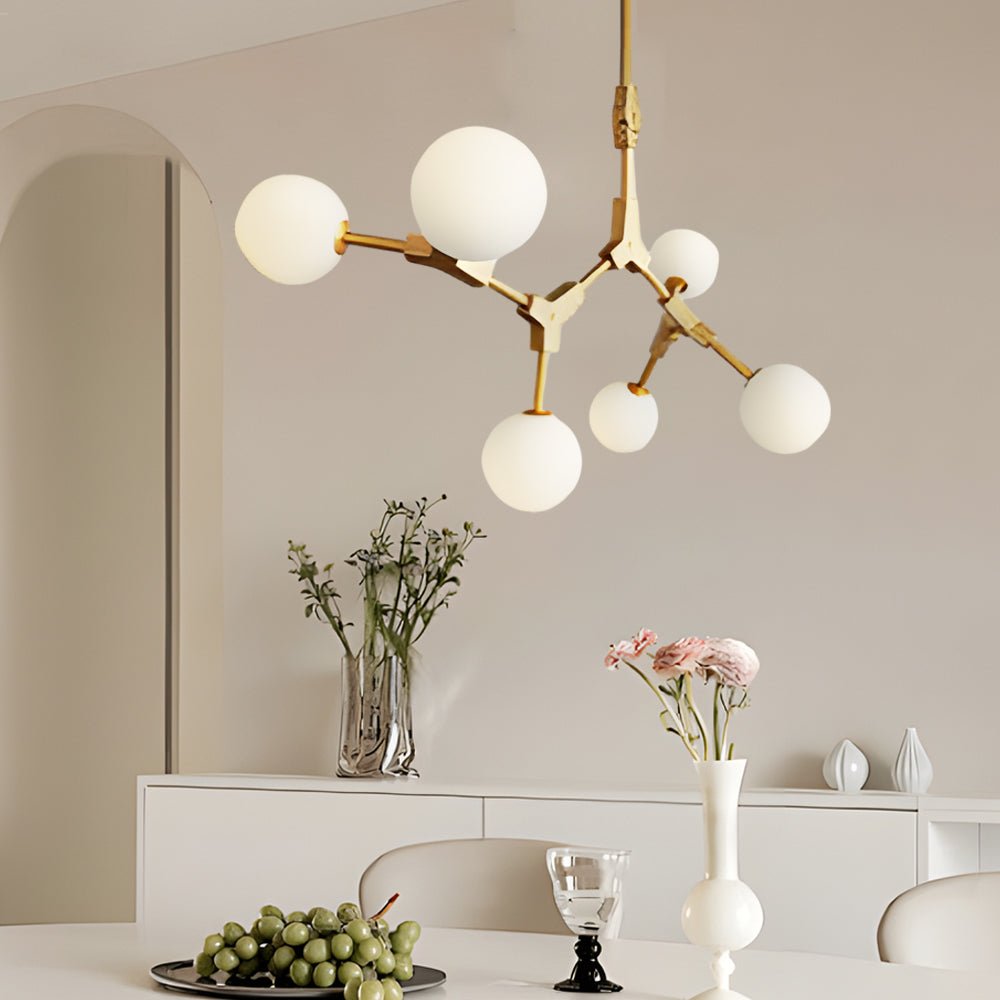 6/8 - Light Gold Molecule Chandelier with White Glass Shades