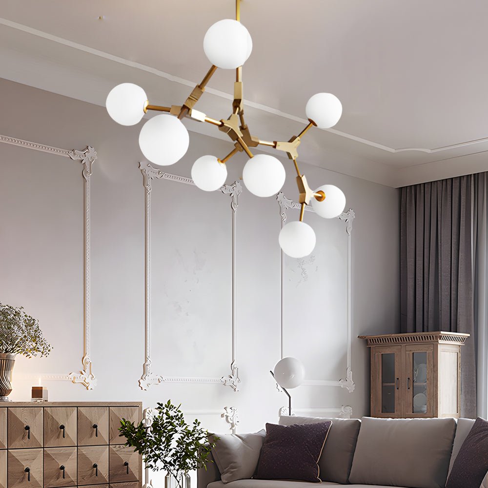 6/8 - Light Gold Molecule Chandelier with White Glass Shades