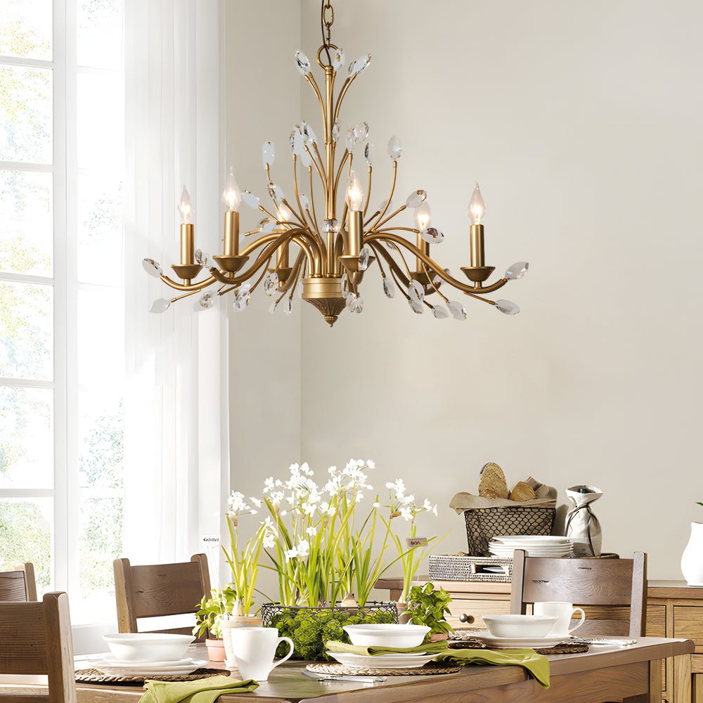 6/9 - Light Brass Branch Candle Vintage Chandelier with Crystal Accents