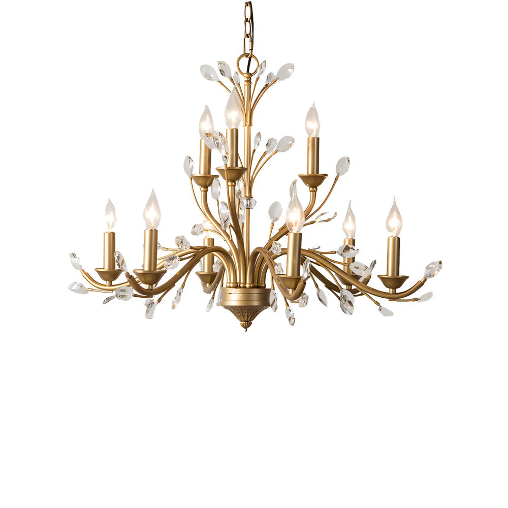 6/9 - Light Brass Branch Candle Vintage Chandelier with Crystal Accents