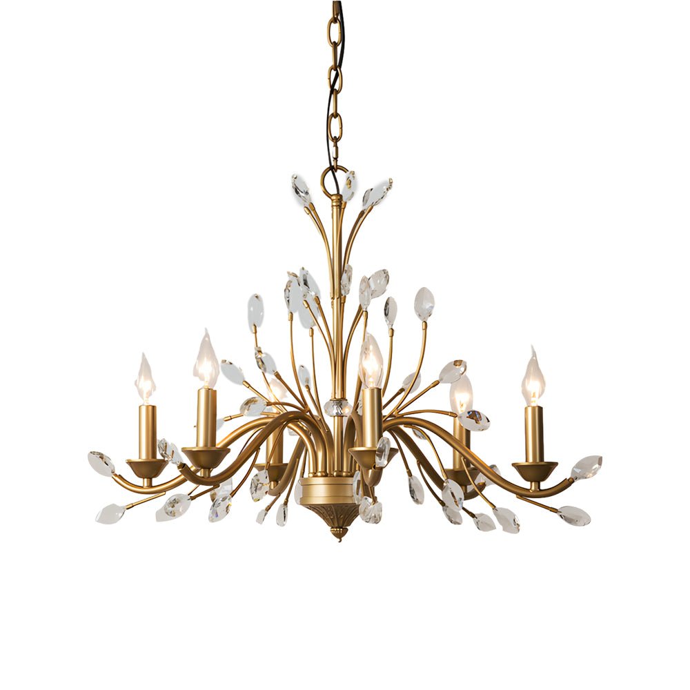 6/9 - Light Brass Branch Candle Vintage Chandelier with Crystal Accents