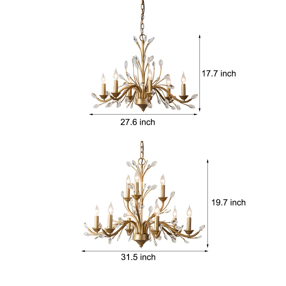 6/9 - Light Brass Branch Candle Vintage Chandelier with Crystal Accents