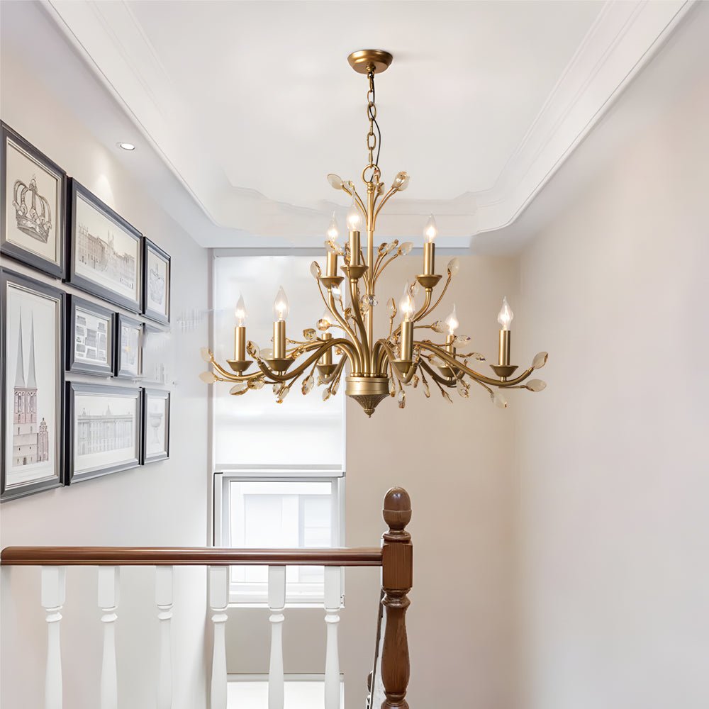 6/9 - Light Brass Branch Candle Vintage Chandelier with Crystal Accents