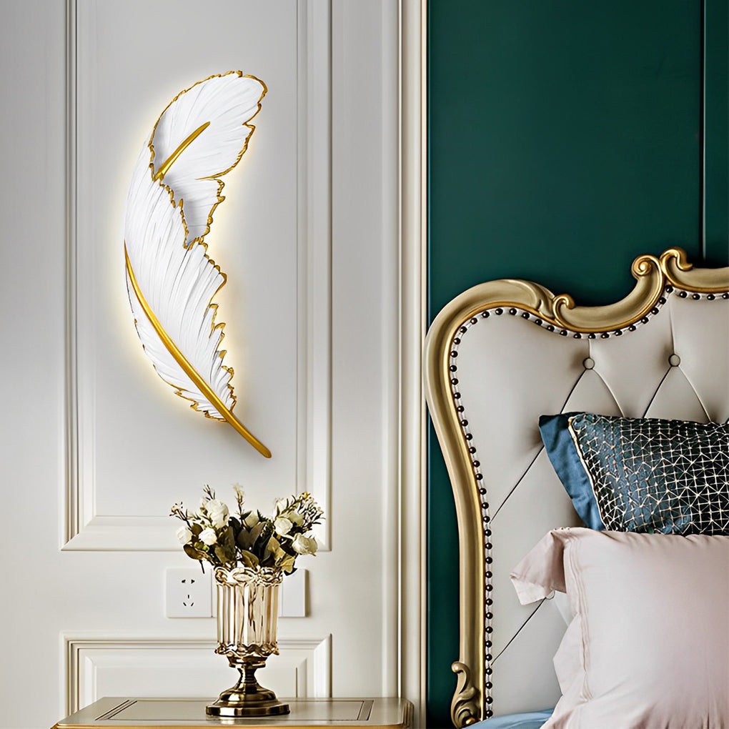 Modern Art Decorative Resin Feather Dimmable White Wall Sconces with LED Strip