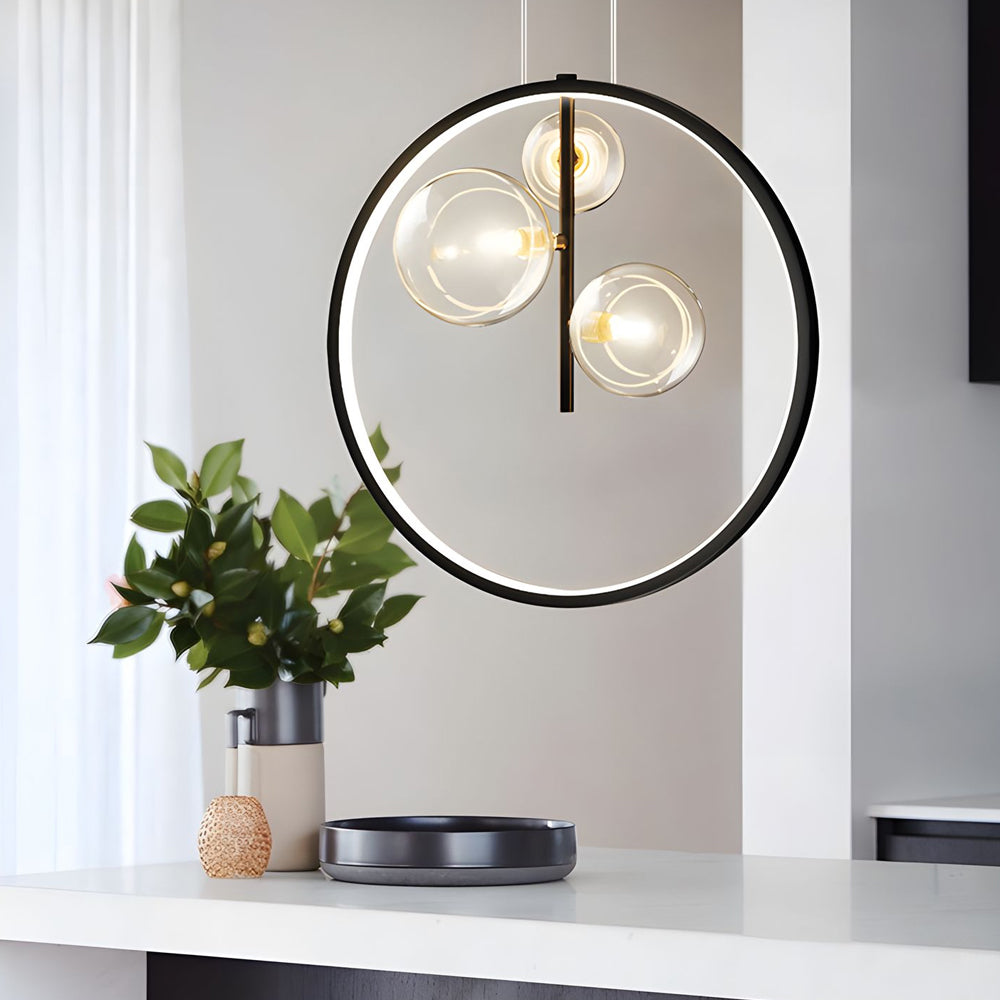 Black Ring Pendant Light with Clear Glass Globe for Dining Room, 1/3/5-Light - Dazuma.us