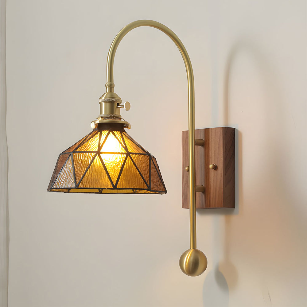 1 Head Glass Wall Light Brass and Walnut Fixture with Amber/Blue Glass Shade - Dazuma