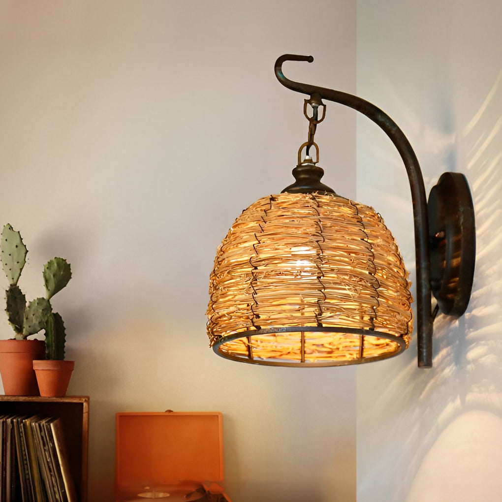 Hand Weaving Rattan Grass Iron Retro Rustic Wall Lamp Wall Light Fixture - Dazuma