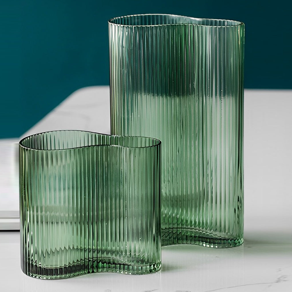 Nordic Modern Style Vertical Pattern Transparent Green Glass Flower Vases