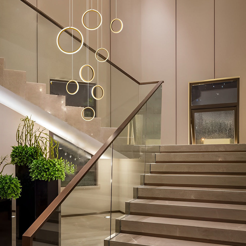 Round 6/8 Rings LED Aluminum Simple Modern Long Staircase Chandelier - Dazuma