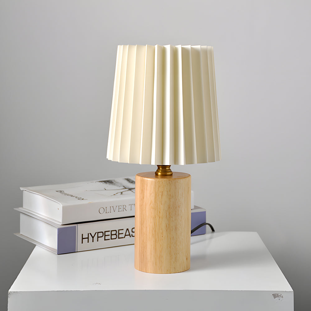 Pleated Drum Wood Cylinder Column Table Lamp, Vintage 1-light Changeable E27