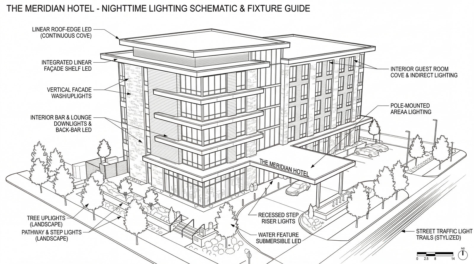 Hotel exterior lighting schematic showing facade, pathway, canopy, and parking area fixture planning
