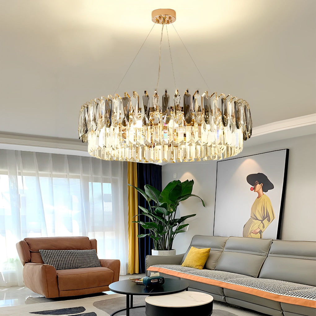 Double Layer Round Electroplated Metal Crystal Gold Modern Chandelier