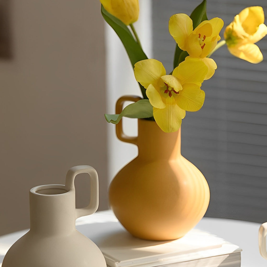Round Ceramic White Yellow Flower Vases with Single Handle