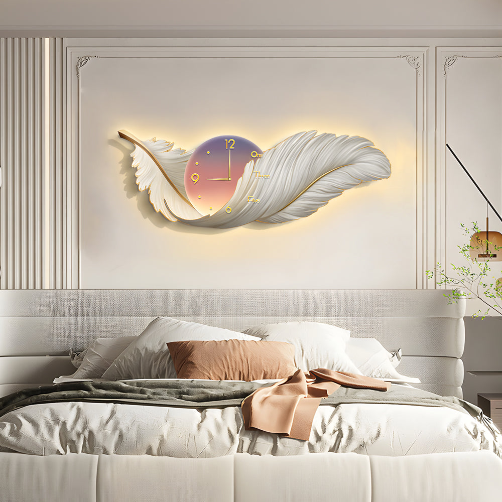 Feathers Decorative Painting with Clock USB Modern LED Wall Lamp Remote Control - Dazuma