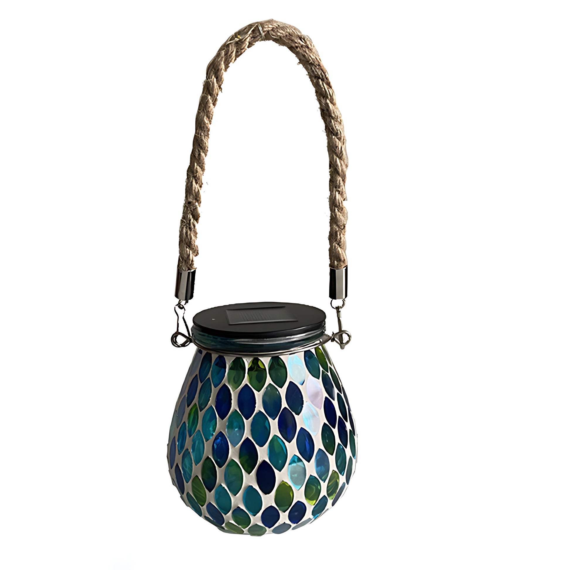 Decorative solar lantern with rainbow mosaic tiles and wire handle for hanging