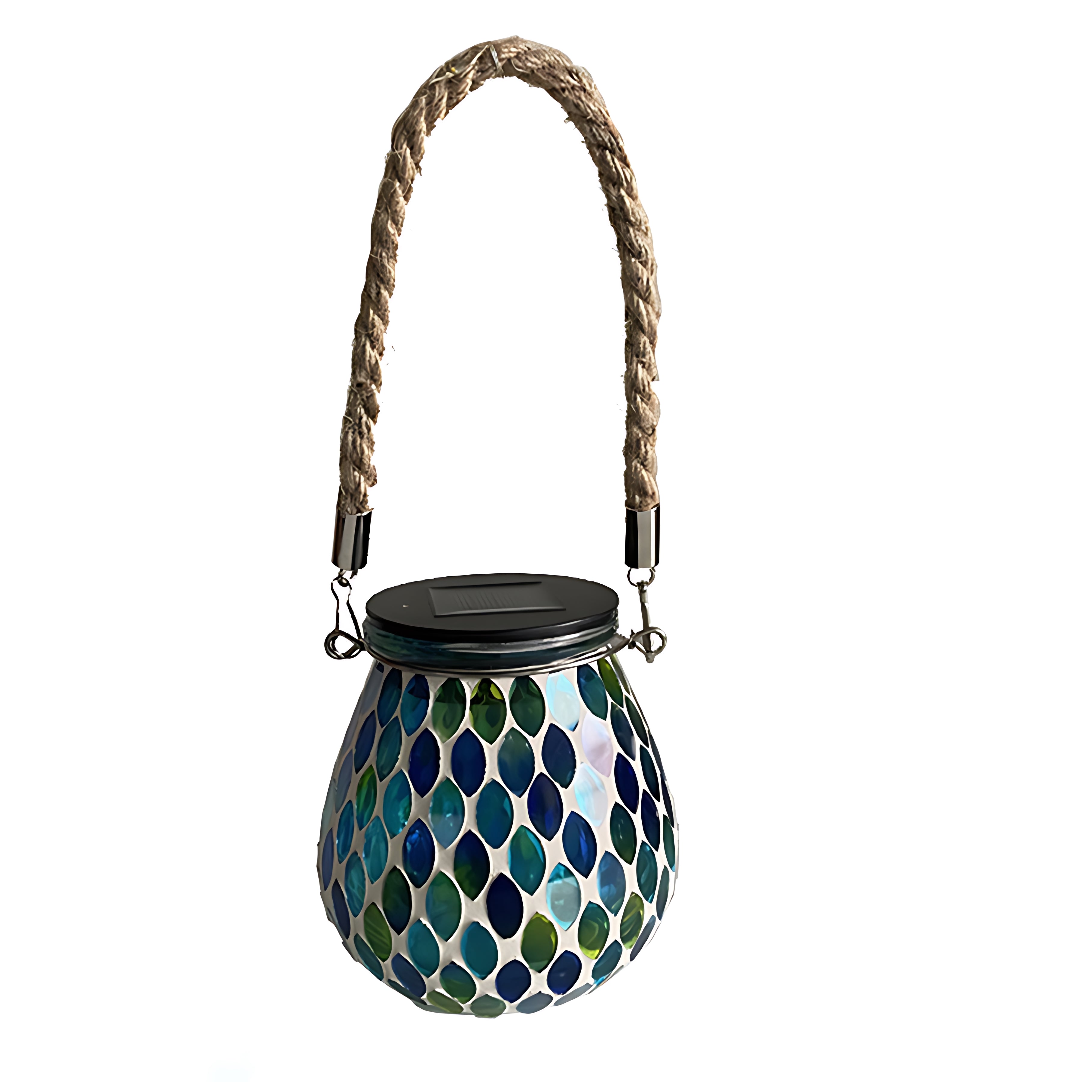 Decorative solar lantern with rainbow mosaic tiles and wire handle for hanging