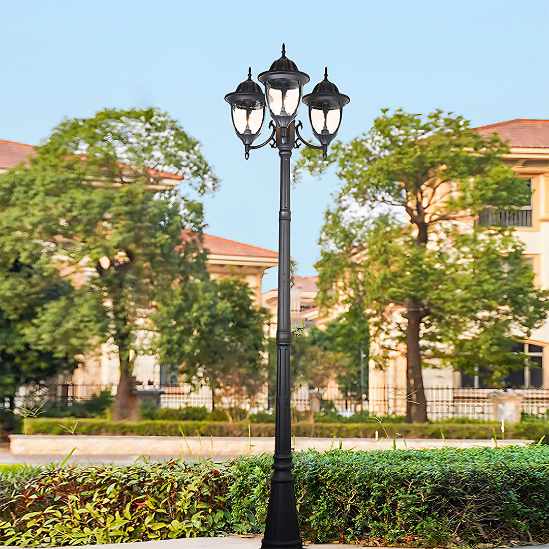 Ornate street lighting fixture in residential area with manicured landscaping and buildings