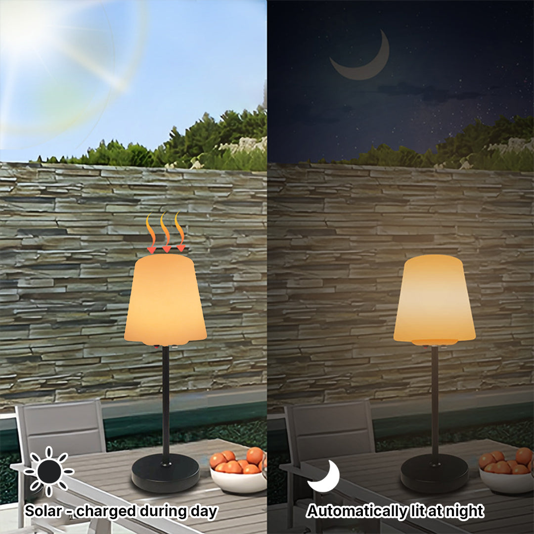 Solar-powered outdoor table lamps providing ambient lighting on wooden deck during evening hours