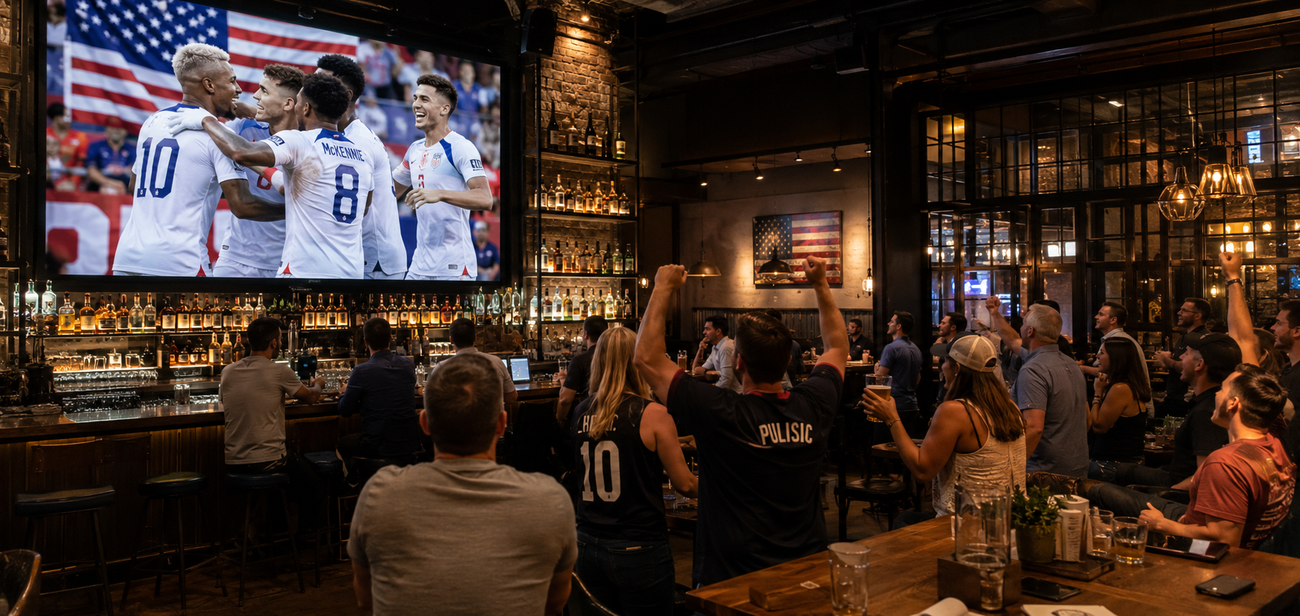 Bar and restaurant soccer viewing scene with warm hospitality lighting