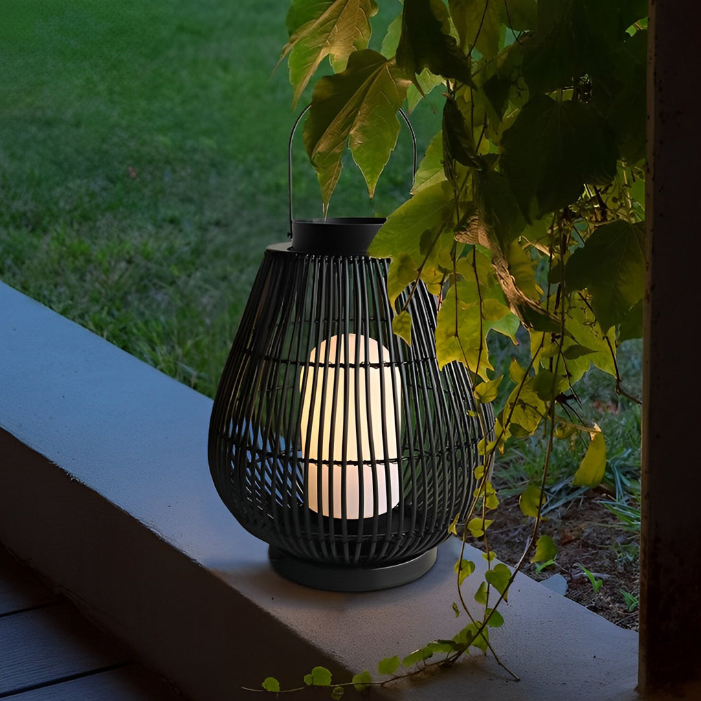 Round Handwoven Waterproof LED Black Modern Rattan Outdoor Lanterns