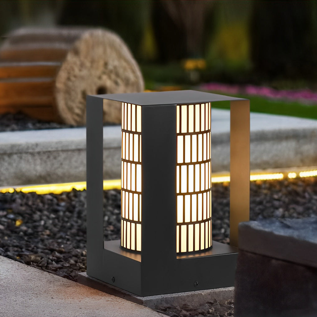 Four-Panel Cylinder Lantern LED Black Waterproof Outdoor Light with Lattice Pattern