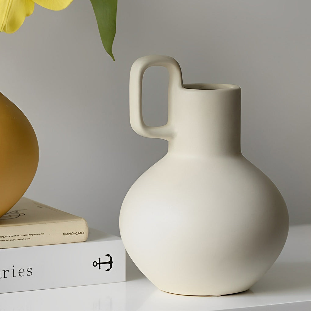 Round Ceramic White Yellow Flower Vases with Single Handle
