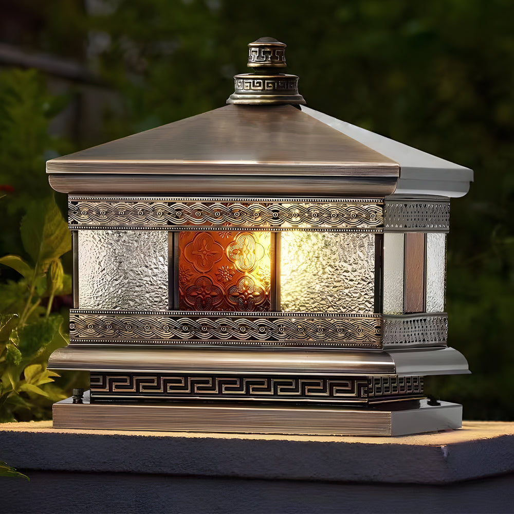 European Square Hardwired/Solar Copper Outdoor Column Light with Glass Shade - Bronze