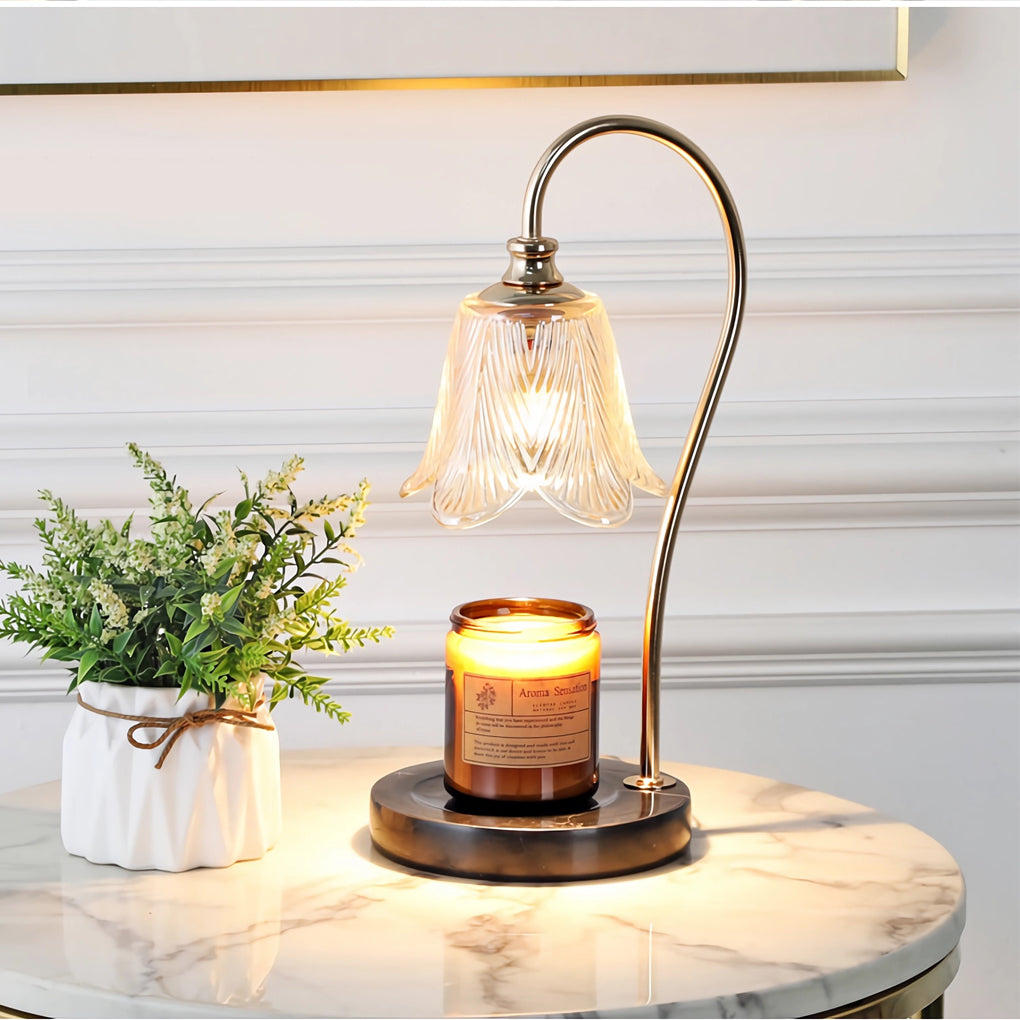1-Light Glass Shade Candle Warmer Log Marble Table Lamp with Dimmer Switch