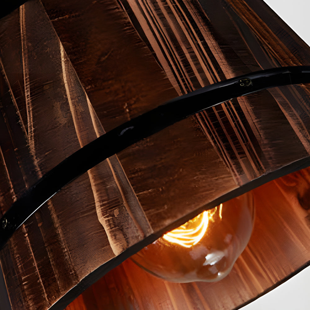 1/3-Light Rustic Wood Bucket Shade Pendant Lighting for Cafe Bar