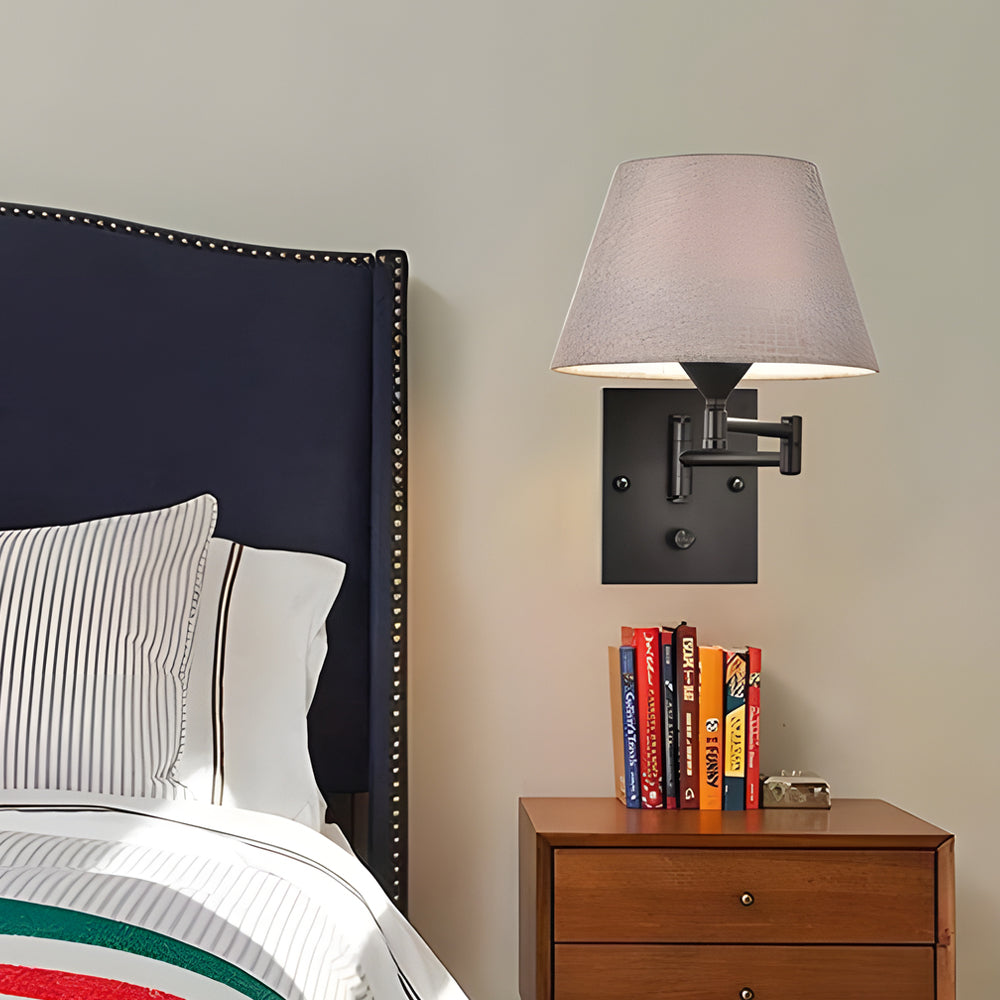 1-Light Round Plug-In Swing Arm Wall Lamp with Fabric Shade Sconces - Dazuma