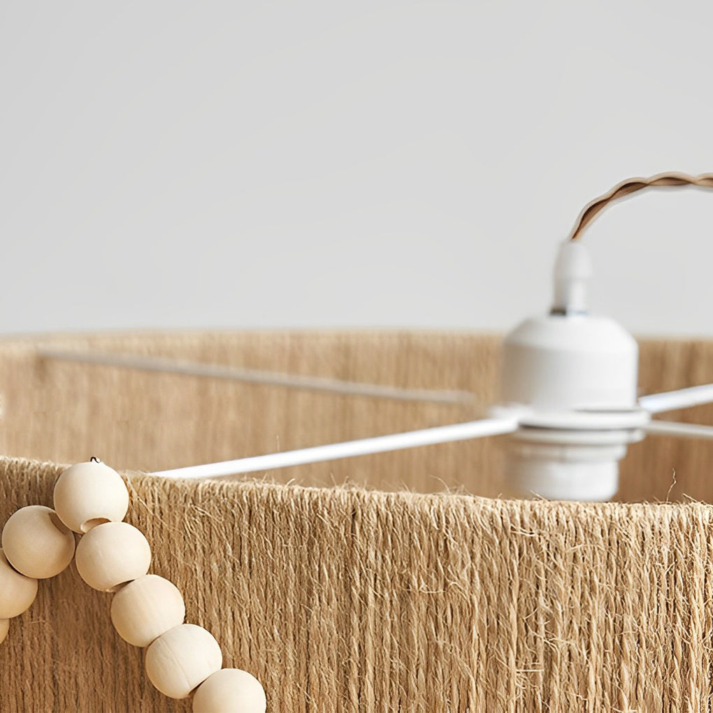 Round Twine Rope Wood Beads Tassels Boho Style Chandelier Pendant Lamp