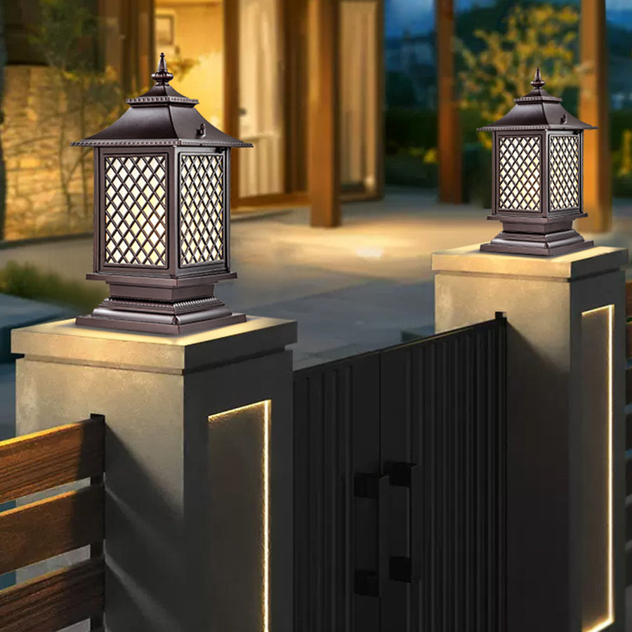 Mission-style post light with geometric glass panels and craftsman-inspired metalwork design