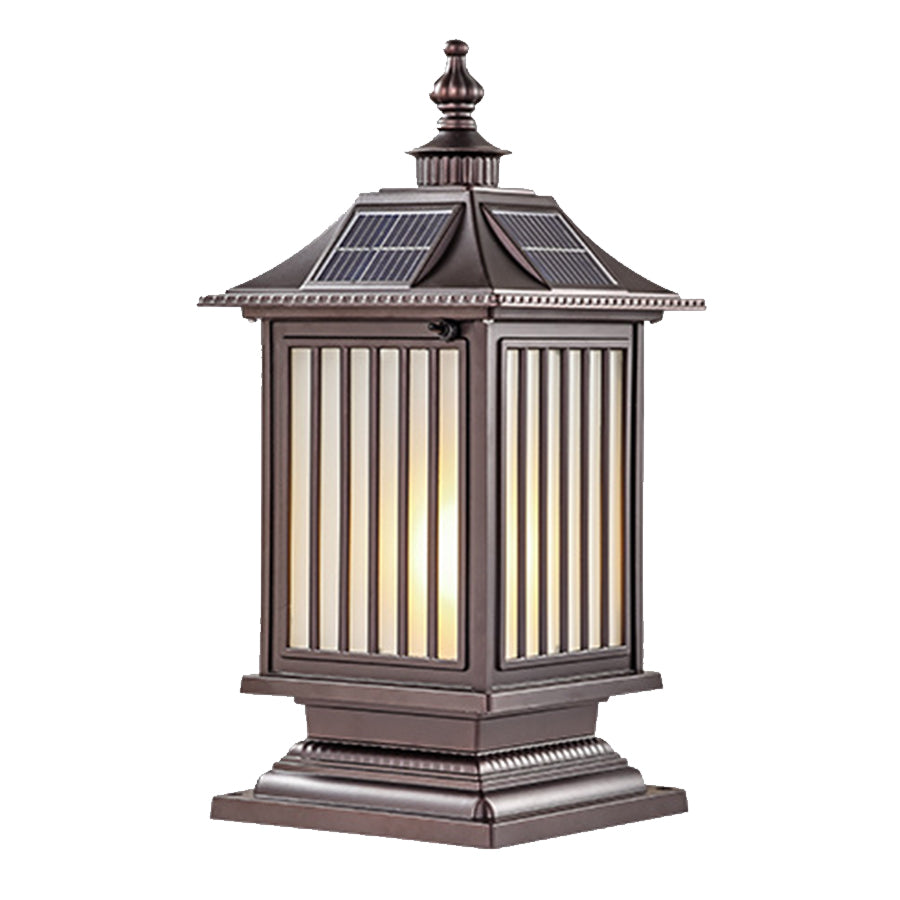Mission-style post light with geometric glass panels and craftsman-inspired metalwork design
