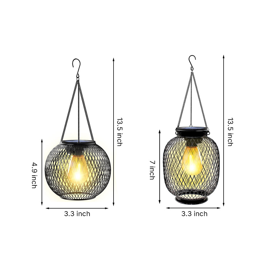Technical drawing showing dimensions and chain length specifications for hanging outdoor lanterns