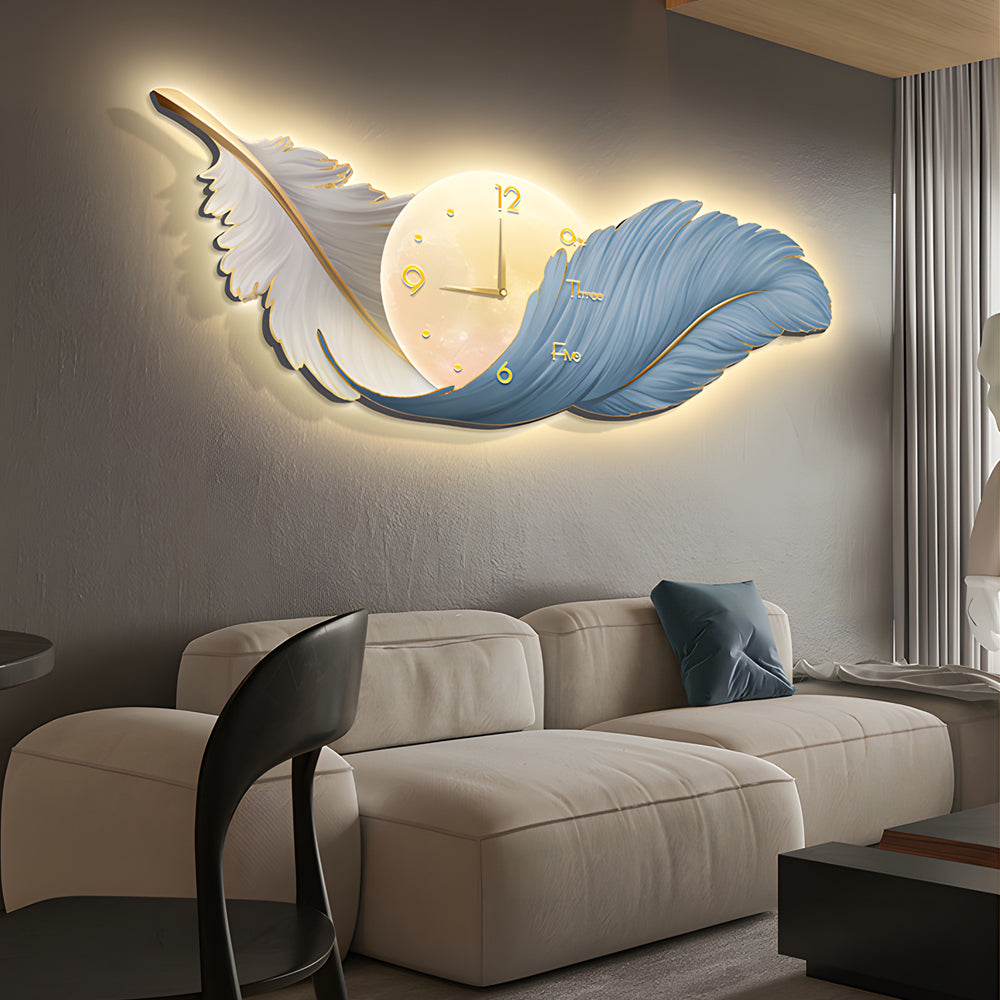 Feathers Decorative Painting with Clock USB Modern LED Wall Lamp Remote Control